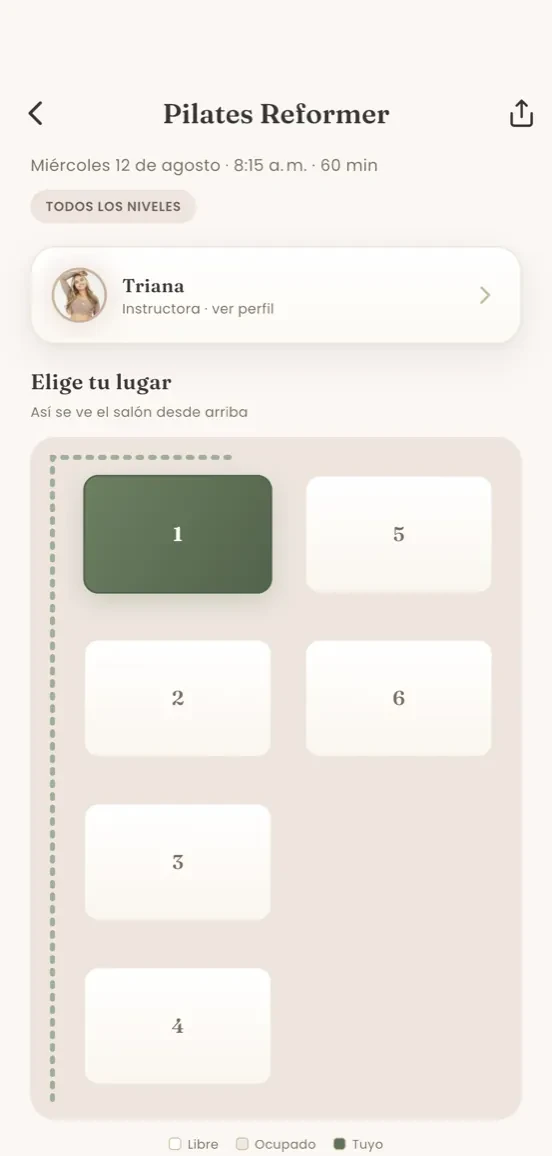 Detalle real de una clase en la app: mapa del salón para elegir tu lugar exacto